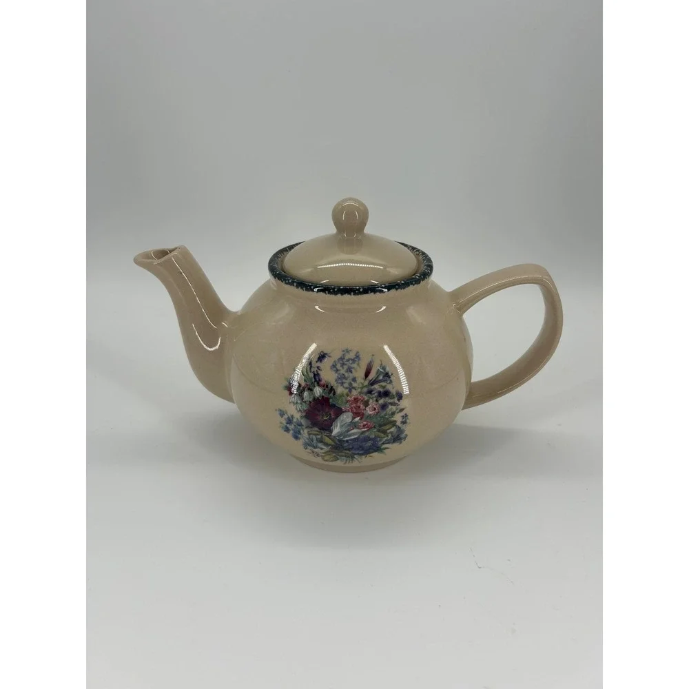 Home & Garden Party Ltd 2002 Floral Teapot Beige Stoneware Cottagecore